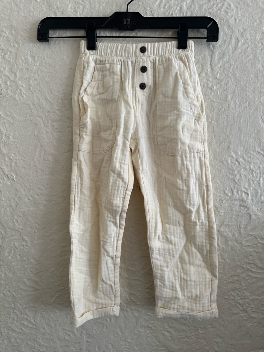 Zara Kids Cotton Muslin Casual Pants Elasitc Waist Button Detail Cream 5 NWT